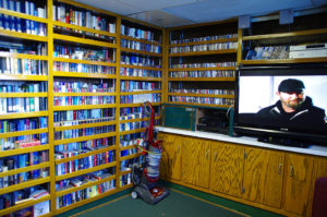 The boat’s lounge area had a large collection of books and DVDs for the rare time off. 